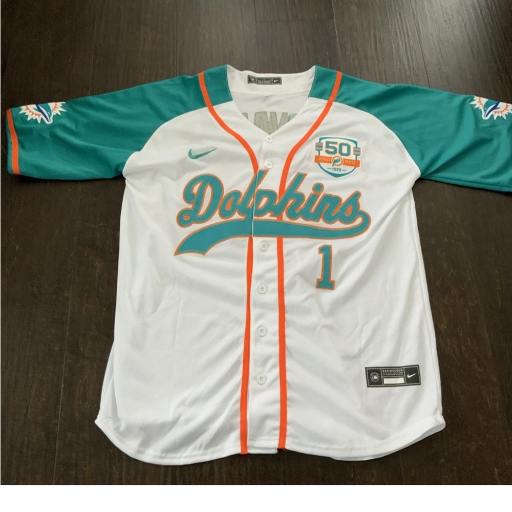 Nike Miami Dolphins Tua Tagovailoa Baseball Jersey W/ 50 Perfect Season 1972